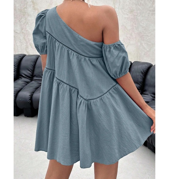 Boho Dusty Blue One shoulder Puff Sleeve Flared Hem Mini Dress - Picture 2 of 5